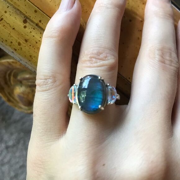 Natural Labradorite Mystic Topaz Sterling Silver Ring Size 7 - Picture 2 of 8